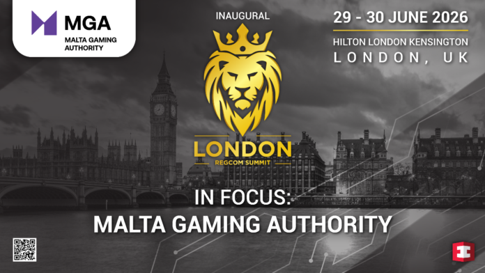 London iGaming RegCom Summit 2026 one week Event banner for London RegCom Summit: MGA Malta Gaming Authority logo, golden lion crown, London skyline, dates June 29–30, 2026 at Hilton London Kensington, London UK.