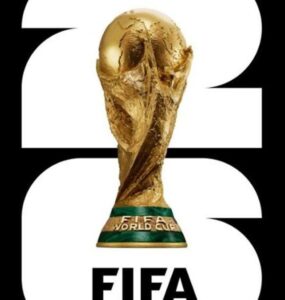 Gold FIFA World Cup trophy centered with large white'2023' in the background, on a black backdrop.] ,