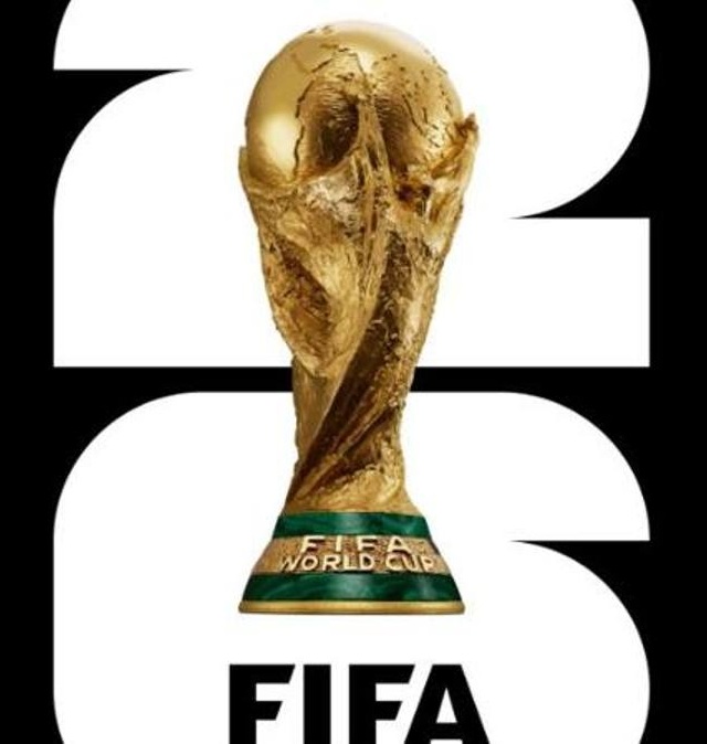 Gold FIFA World Cup trophy centered with large white '2023' in the background, on a black backdrop.] ,