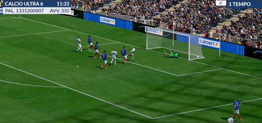 Mondiali Eurobet Virtual | AGIMEG Soccer match scene with players near the goal as the goalkeeper dives and the ball hits the net.
