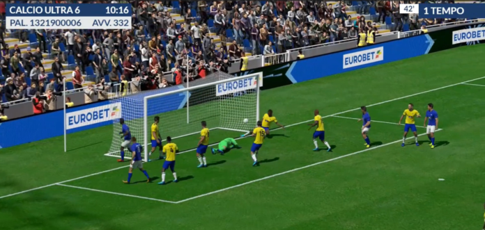 Mondiali Virtual su Eurobet Soccer match moment near the goal: a goalkeeper dives to save a shot as yellow and blue players react.