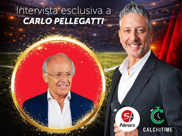 Pellegatti Stanleybet News belle storie Poster promozionale: intervista esclusiva a Carlo Pellegatti; presentatore con microfono accanto a ritratto circolare dorato di Pellegatti.