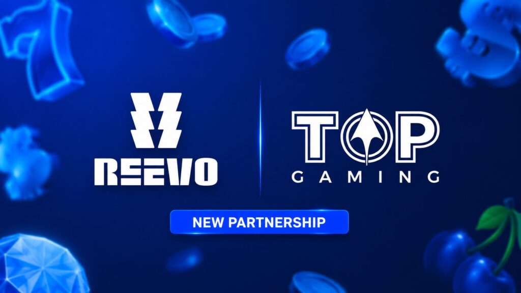 Reevo Top Gaming | AGIMEG Banner announcing a new partnership between REVO and TOP GAMING, with a blue button labeled 'NEW PARTNERSHIP'