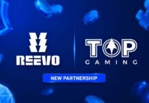 Casinò online, Top Gaming Network Ltd e Reevo: nasce una nuova partnership strategica Banner announcing a new partnership between REVO and TOP GAMING, with a blue button labeled 'NEW PARTNERSHIP'