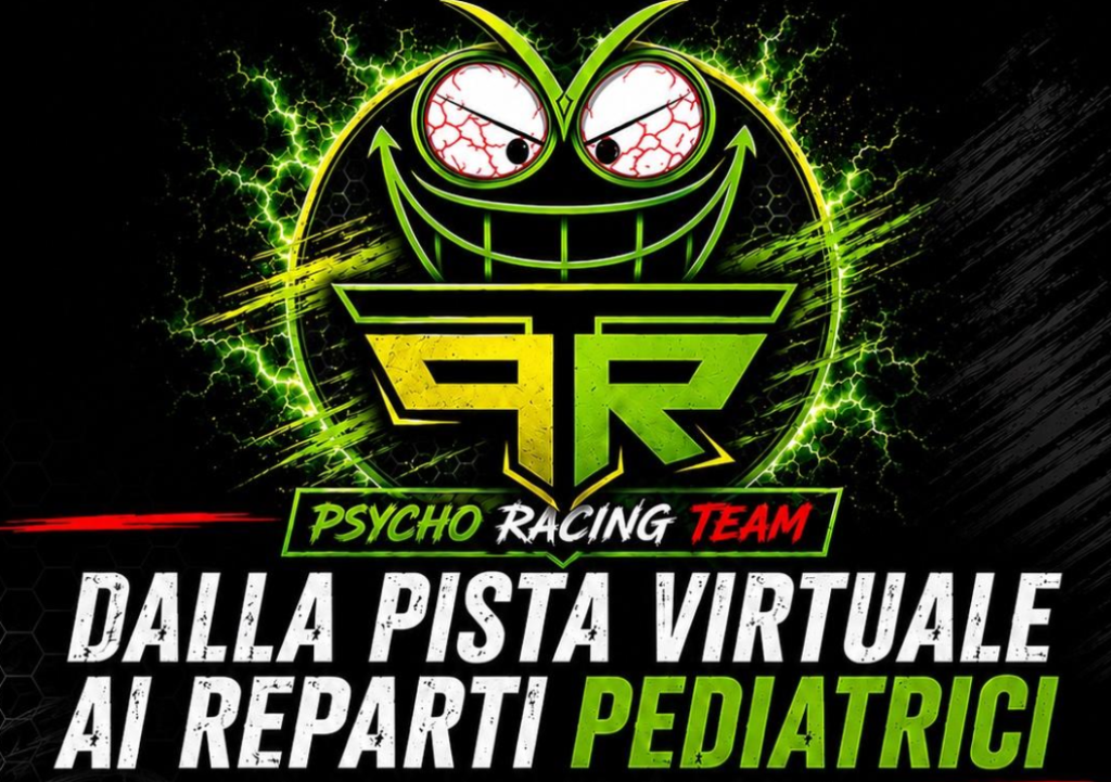 Staryes Psycho Racing Team | AGIMEG Psycho Racing Team neon logo with a grinning circular mascot and bold Italian slogan about virtual racing for pediatric wards, on a dark, dynamic background.