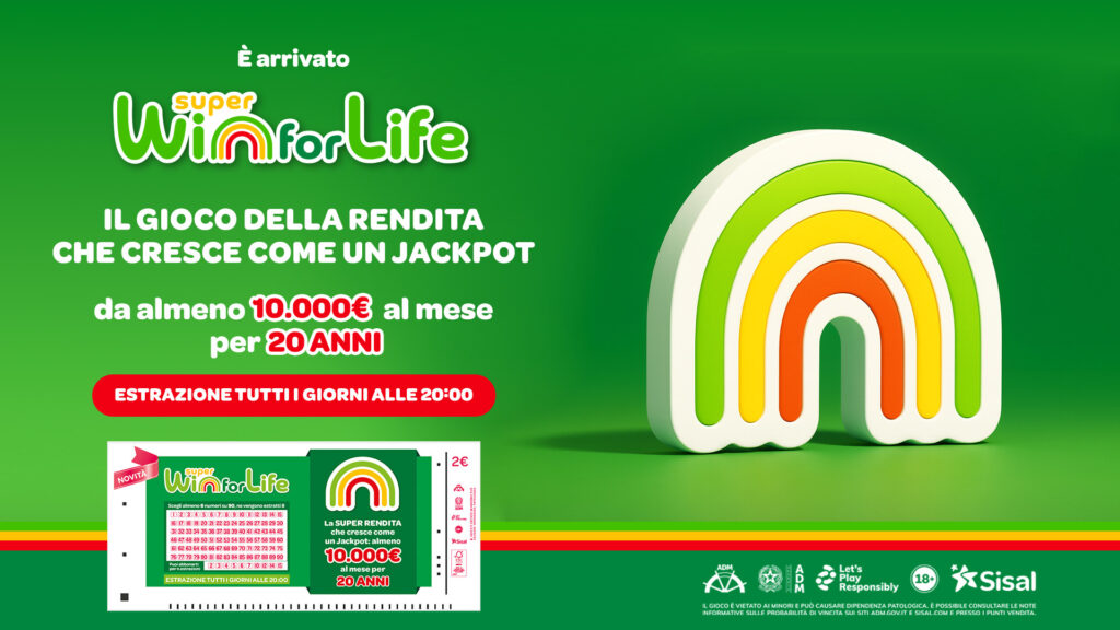 Promotional banner for Win for Life lottery with a rainbow arch logo on a green gradient background and jackpot text in Italian, including a red call-to-action button.