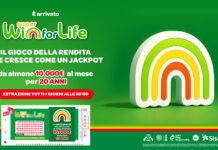 Sisal lancia Super Win for Life: il nuovo gioco che mette in palio una Super Rendita da almeno 10.000 euro al mese per 20 anni Promotional banner for Win for Life lottery with a rainbow arch logo on a green gradient background and jackpot text in Italian, including a red call-to-action button.