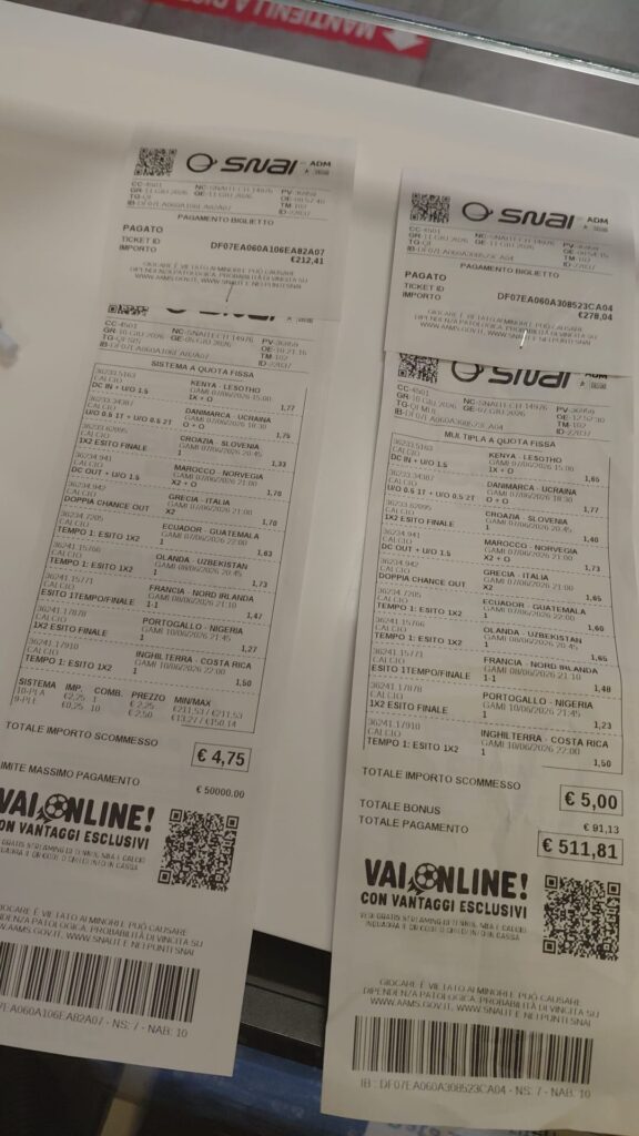 Vincita Bagheria Snai | AGIMEG Two SNAI betting receipts on a white table, showing event listings, odds, and barcodes at the bottom; totals read €4,75 and €5,00 respectively.
