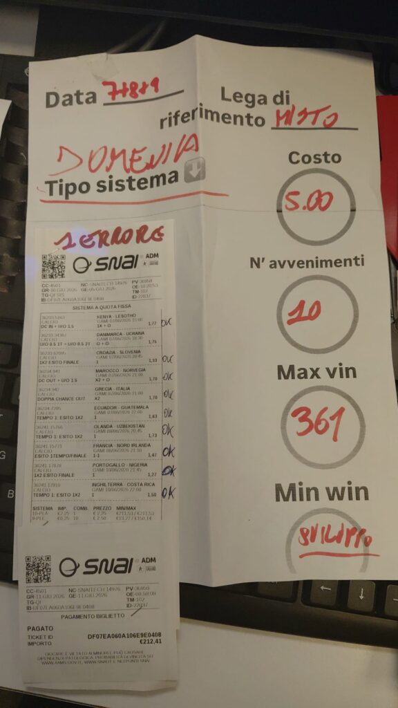 Vincita Snai Bagheria | AGIMEG Folded betting sheet with Italian labels and red handwriting, including 'Domenica' and 'Tipo sistema' and a SNAI coupon attached to the left panel.