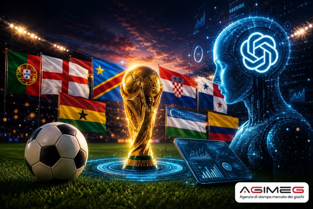 Mondiali 2026 previsioni ChatGPT partite mercoledì 17 giugno | AGIMEG Flag-lined stadium at sunset with a golden World Cup trophy center stage, a soccer ball, and a blue holographic human figure beside a tablet displaying analytics charts and graphs.