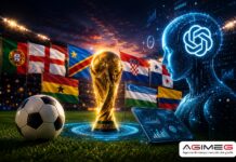Mondiali 2026, i pronostici di ChatGPT: Inghilterra-Croazia big match, Portogallo favorito Flag-lined stadium at sunset with a golden World Cup trophy center stage, a soccer ball, and a blue holographic human figure beside a tablet displaying analytics charts and graphs.