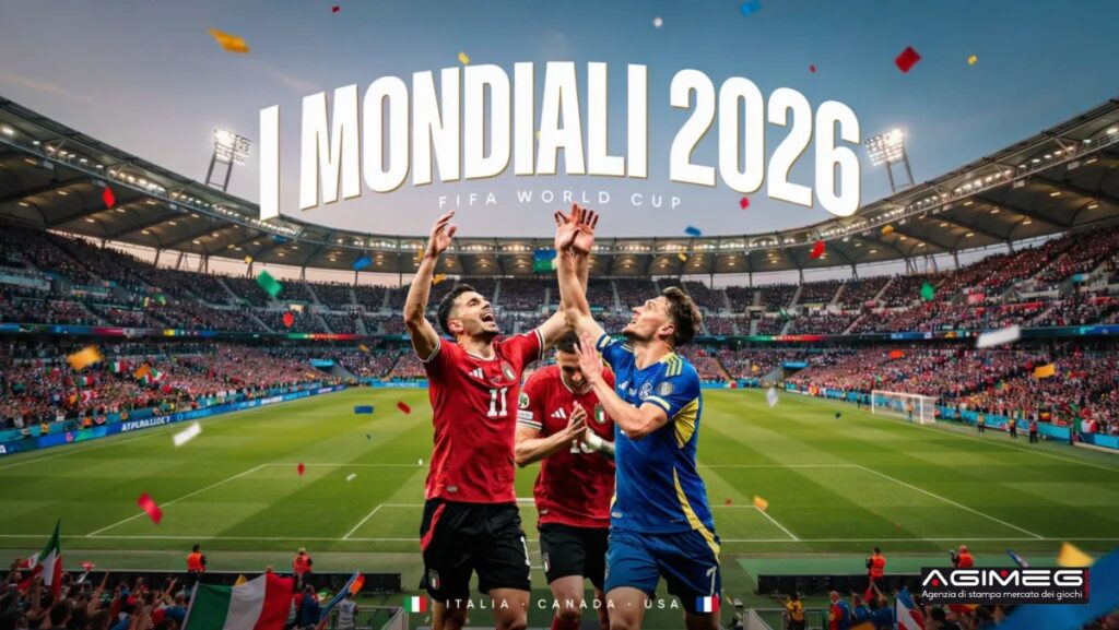Mondiali 2026 pronostici ChatGPT 24 giugno | AGIMEG Soccer players celebrate a goal in a crowded World Cup 2026 stadium with confetti falling and a large 'MONDIALI 2026' banner above.