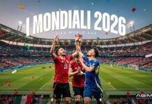 Mondiali 2026 scommesse: Brasile e Marocco favoriti, equilibrio tra Svizzera e Canada Soccer players celebrate a goal in a crowded World Cup 2026 stadium with confetti falling and a large 'MONDIALI 2026' banner above.
