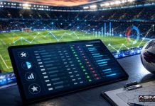 Mondiali 2026 scommesse: Olanda, Costa d’Avorio e Senegal favorite. Germania avanti sull’Ecuador Tablet showing a sports analytics dashboard with charts on a stadium railing, a soccer ball nearby at dusk before a match start.