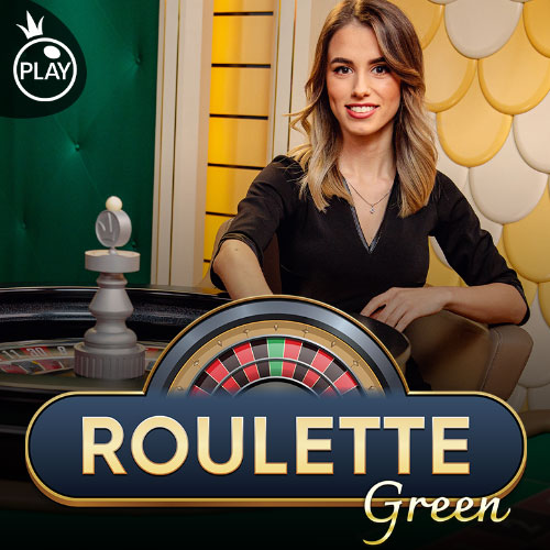 roulette_green_domusbet Female game show host sits at a roulette table with a visible roulette wheel, promotional 'Roulette Green' banner in the foreground.