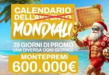 Calendario dei Mondiali: 39 giorni di promozioni firmate SunBet su giochi e scommesse Bright beach promotional banner advertising a calendar deal, showing Santa holding a trophy, a chocolate calendar, and large yellow text announcing €600,000 prize and 39 promo days in Italian.