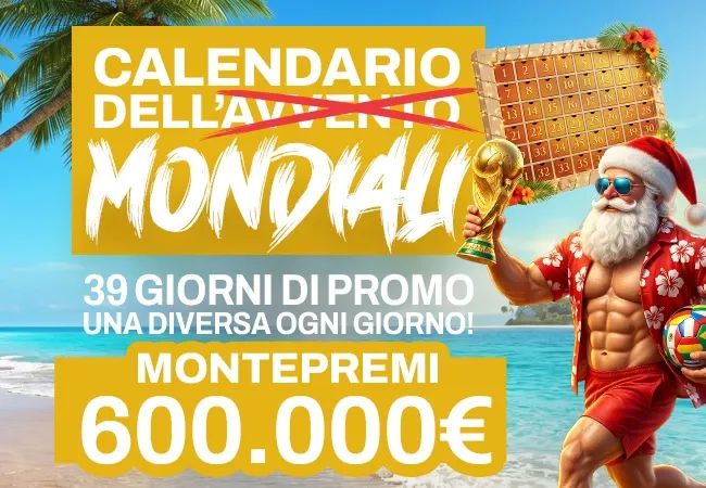 sunbet-calendario-mondiali Bright beach promotional banner advertising a calendar deal, showing Santa holding a trophy, a chocolate calendar, and large yellow text announcing €600,000 prize and 39 promo days in Italian.