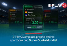 Eplay-24 accende il Mondiale con “Superquota Mundial”: una Super Quota Speciale su ogni partita della FIFA World Cup 2026 Three floating betting screens over a soccer stadium at night, with the E-Play24 logo and Italian caption about Super Quota Mundial expansion.