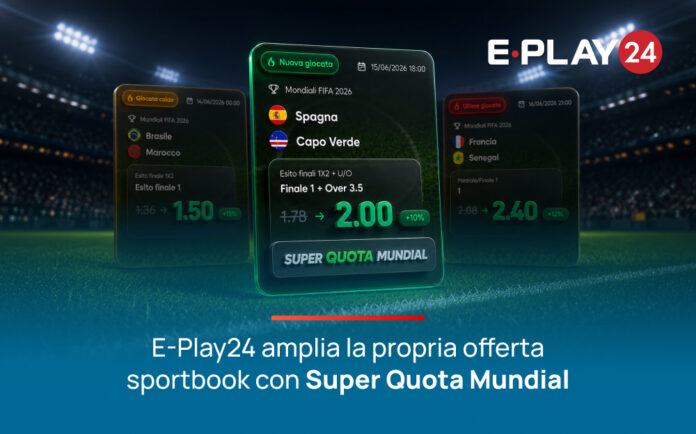 superquota_mundial Three floating betting screens over a soccer stadium at night, with the E-Play24 logo and Italian caption about Super Quota Mundial expansion.